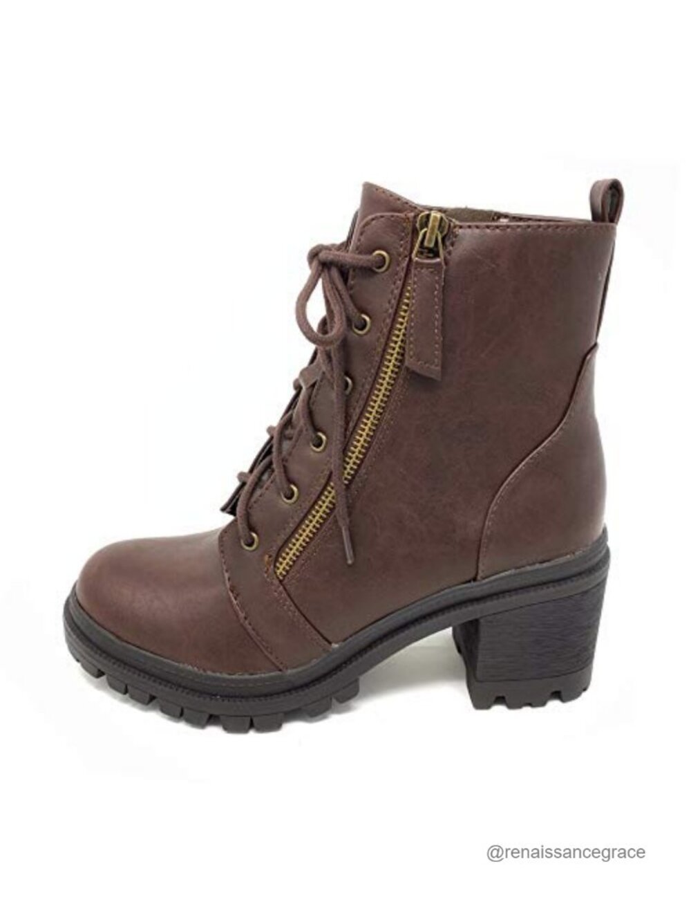 Faux Leather Lace Up High Chunky Heel Ankle Booties Women's Zip